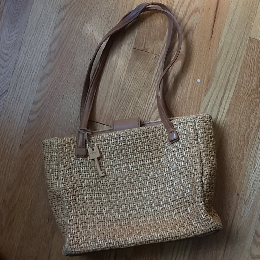 Fossil Straw and Leather Bag